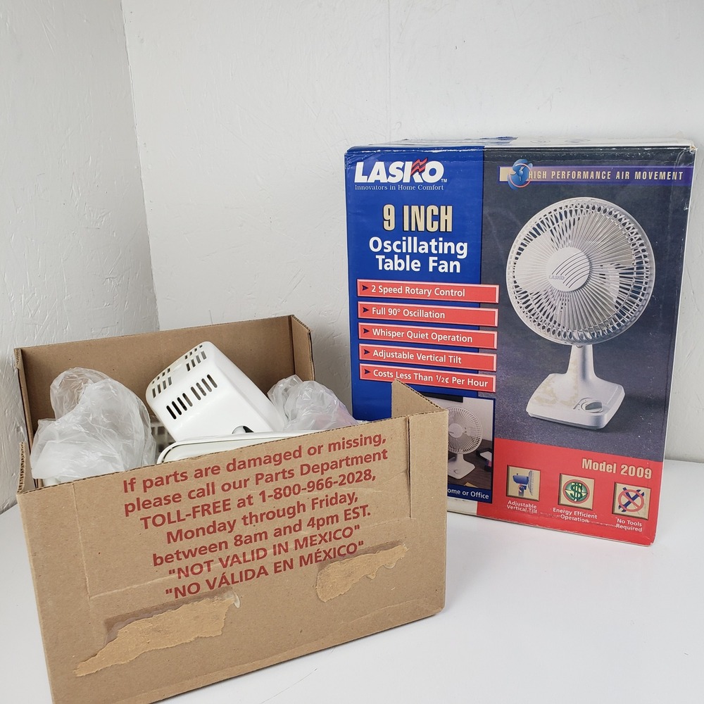 Lasko 2009 9 Inch Oscillating Table Fan 2-Speed White Desk Fan Made in USA